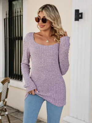 Square Neck Ribbed Long Sleeve T-Shirt Square Neck Ribbed Long Sleeve T-Shirt